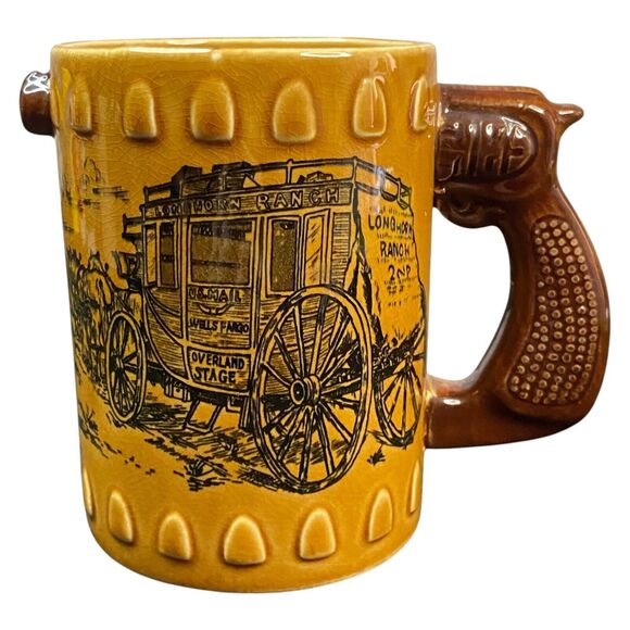 VTG Wells Fargo Longhorn Stagecoach Western Pistol Revolver Coffee Mug Ceramic - Picture 5 of 8